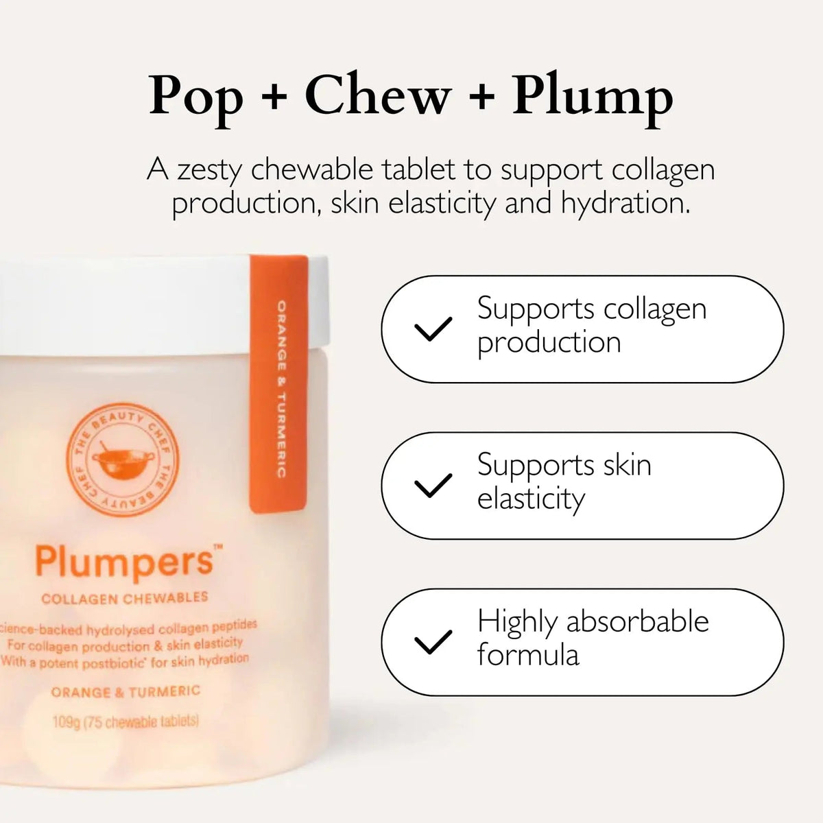 The Beauty Chef Plumpers™ Collagen Chewable Tablets with Hyaluronic Acid & Postbiotic, Supports Skin Elasticity & Collagen, Women's Multivitamin, Collagen Peptides, 75 Tablets (Orange & Turmeric) The Beauty ChefBuy Supplements Australia