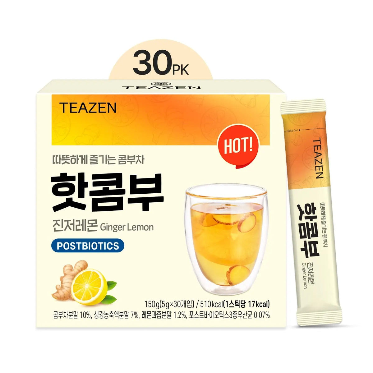 TEAZEN Lemon Ginger Hot Kombucha Tea, Live Probiotics & Postbiotics, Relaxation and Warmth for Colds and Sore Throat, Hydration Drink Mix, Sugar Free, 30 Sticks, 5.29oz TEAZENBuy Supplements Australia