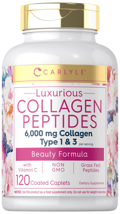 Carlyle Collagen Peptides with Vitamin C | 6000mg | 120 Caplets | Grass Fed Type II & III | Beauty Formula | Non-GMO, Gluten Free Supplement