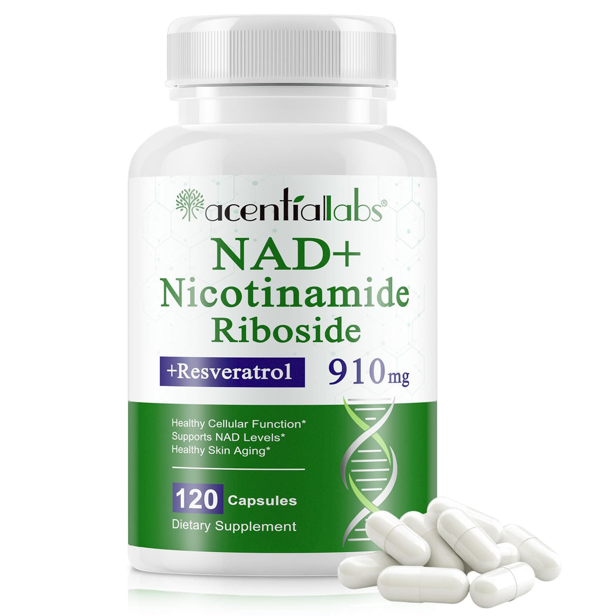 Supplement bottle labeled 'NAD+ Nicotinamide Riboside' with capsules on a white background
