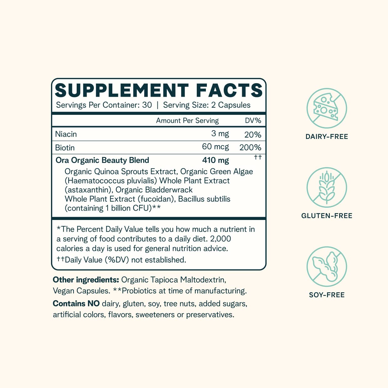 Ora Organic Hair, Skin, and Nails Support- BeYouTiful - Beauty Supplement with B Vitamins and Algae Extracts for Healthy Hair and Skin - 60 Vegan Capsules Ora OrganicBuy Supplements Australia