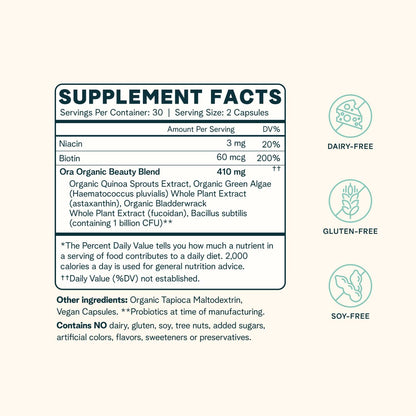 Ora Organic Hair, Skin, and Nails Support- BeYouTiful - Beauty Supplement with B Vitamins and Algae Extracts for Healthy Hair and Skin - 60 Vegan Capsules Ora OrganicBuy Supplements Australia