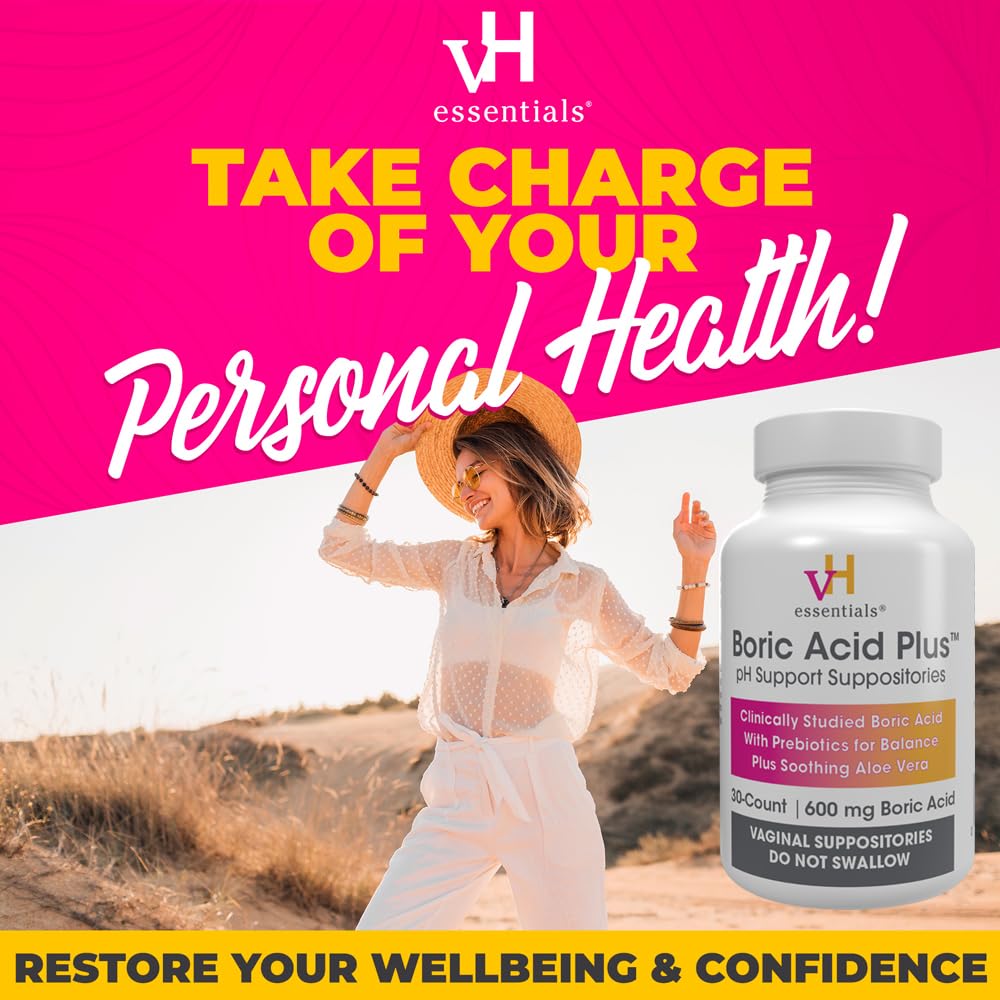 vH Essentials Boric Acid Plus Vaginal Suppositories, Prebiotic Infused with Soothing Aloe Vera, pH Support Formula Fights Odor and Promotes Freshness, 600mg Boric Acid, 30 Count vH essentialsBuy Supplements Australia