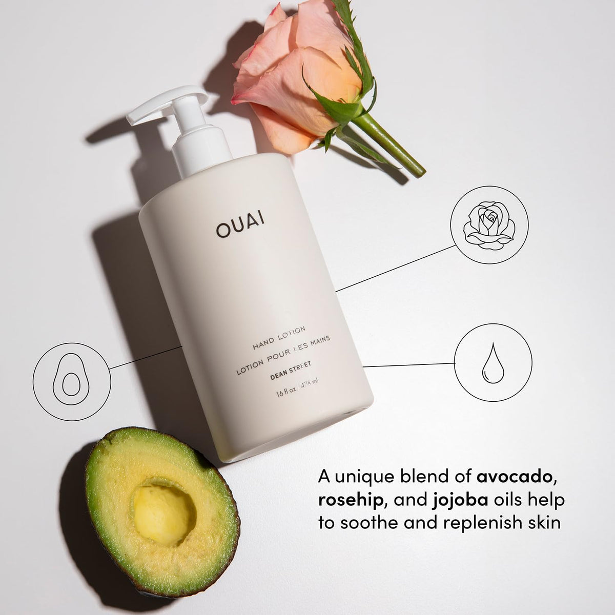 OUAI Hand Lotion - Daily, Lightweight, Hydrating Lotion for Dry Skin - Made with Avocado, Rosehip and Jojoba Oil to Lock in Moisture - Never Greasy (16 Fl Oz) OUAIBuy Supplements Australia