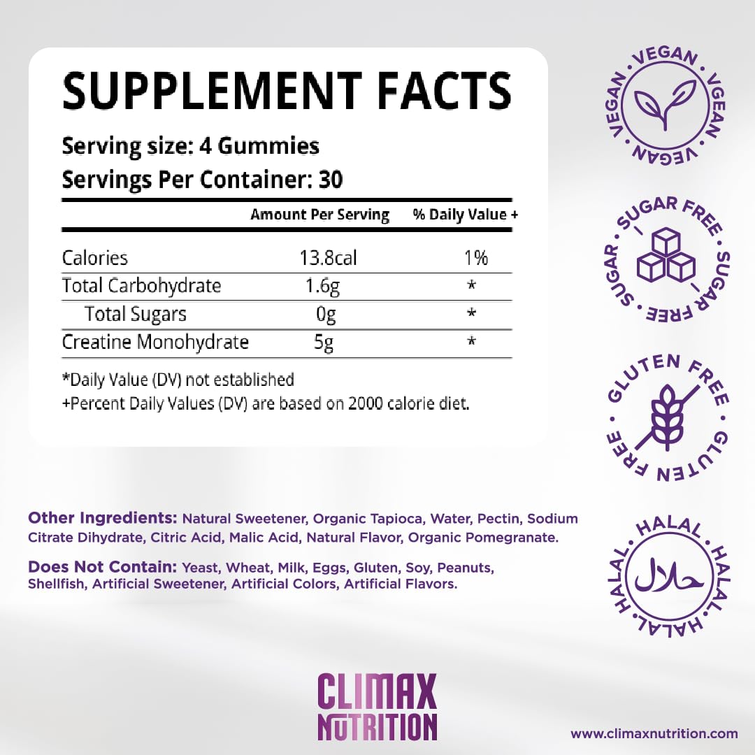 Creatine Monohydrate Gummies - Vegan, Sugar-Free, Gluten-Free - Boosts Muscle Recovery, Strength & Lean Muscle Growth - Brain Health Support - for Men & Women - Blueberry Flavor - 120 Gummies CLIMAX NUTRITIONBuy Supplements Australia