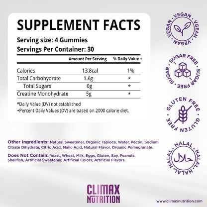 Creatine Monohydrate Gummies - Vegan, Sugar-Free, Gluten-Free - Boosts Muscle Recovery, Strength & Lean Muscle Growth - Brain Health Support - for Men & Women - Blueberry Flavor - 120 Gummies CLIMAX NUTRITIONBuy Supplements Australia