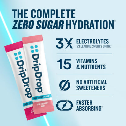 DripDrop Zero Sugar Plus - Sugar Free Hydration Packets - Single Serve Electrolytes Powder Drink Mix - Strawberry Kiwi, Peach, Cherry Limeade, Wild Berry