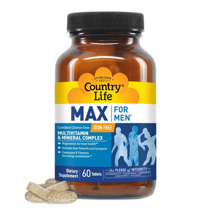 Country Life Max for Men, Multivitamin & Mineral complex, Iron-Free, Vegetarian Tablets, 60 Count, Certified Gluten Free, Certified Vegetarian Country Life