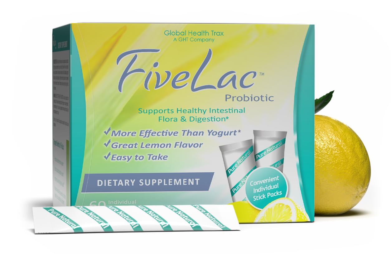 Global Health Trax GHT - FiveLac Lemon Probiotic Powder Drink Mix, Probiotics for Women, Men, Kids - Smooth Digestive Support & Elimination – Relieve Constipation & Gas - 60 Packets, 3.18 Oz, Non-GMO ght Global Health TraxBuy Supplements Australia