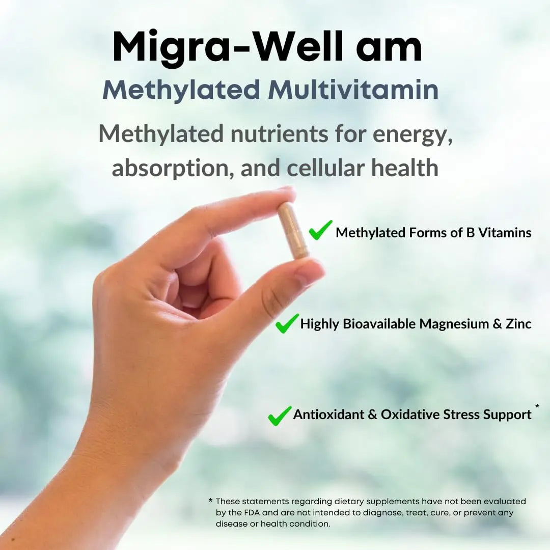 Wellkasa Migra-Well AM: Energizing Daily Methylated Multivitamin with Bioavailable Minerals & Antioxidants Supporting Brain Wellkasa