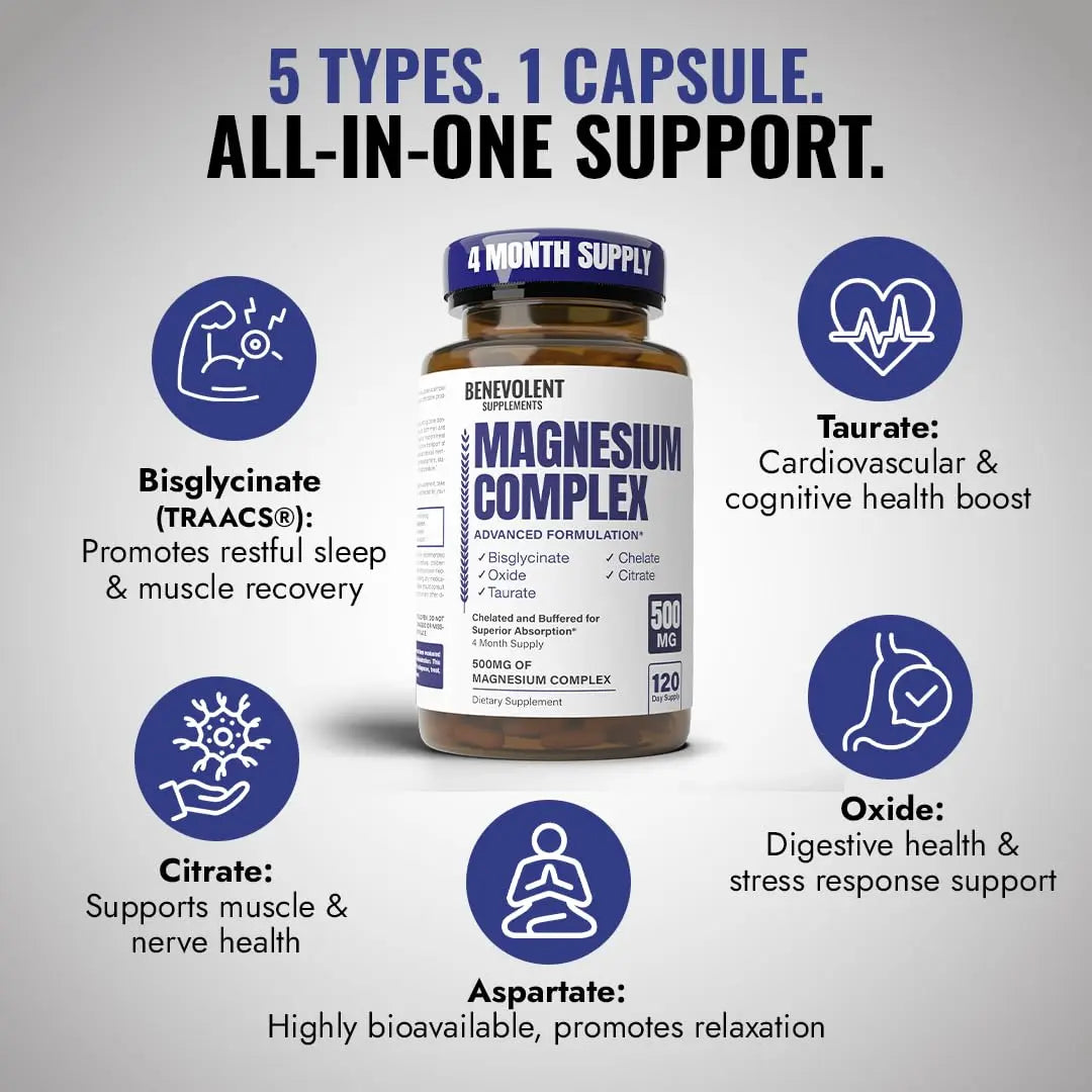 Magnesium Complex Supplement, 4 Month Supply of 500mg 5-in-1 Bisglycinate, Oxide, Taurate, Aspartate, Citrate, Max Absorption Magnesium Supplement for Calm, Sleep & Leg Cramps, 120 Capsule Benevolent Nourishment buy supplements Au