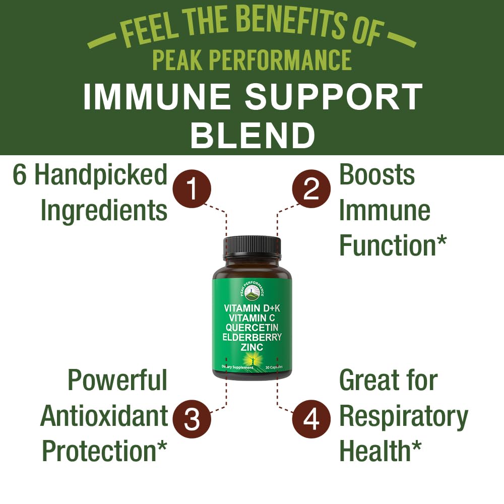 Immune Support Supplement with 6 Top Ingredients. Vitamin D3 K2 + Vitamin C + Elderberry + Zinc + Quercetin. Includes 5000 IU Vitamin D. Immunity Capsules. Supplements for Women and Men Peak PerformanceBuy Supplements Australia