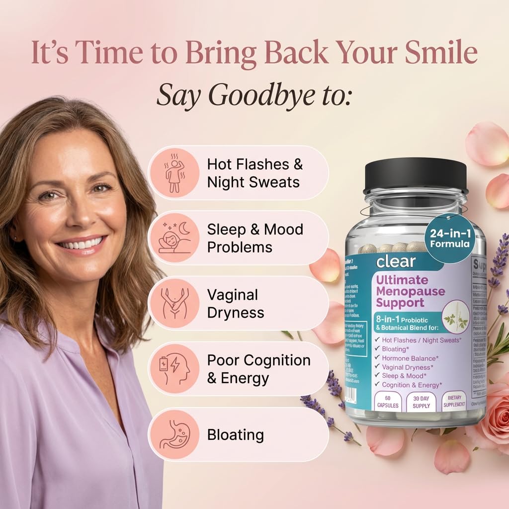 Clear Menopause Support for Women | 25-in-1 Formula with Black Cohosh, Dong Quai, Pre & Probiotics | Hot Flashes, Night Sweats, Mood, Sleep & Digestion | Hormone-Free | Made in USA | 60 Capsules Clear ProbioticsBuy Supplements Australia