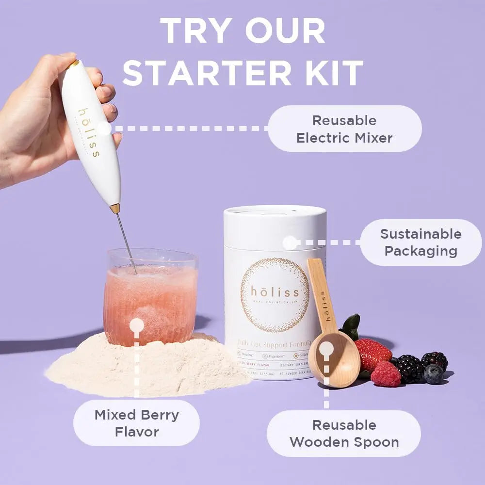 HOLISS Daily Gut Health Kit – 6-in-1 All Natural Supplement, Bloat & Gas Aid, GI Lining Repair, IBS Support – Lemon Balm, L-Glutamine, PepZinGI, Mixed Berry, 30 Servings, Electric Mixer & Spoon HOLISSBuy Supplements Australia