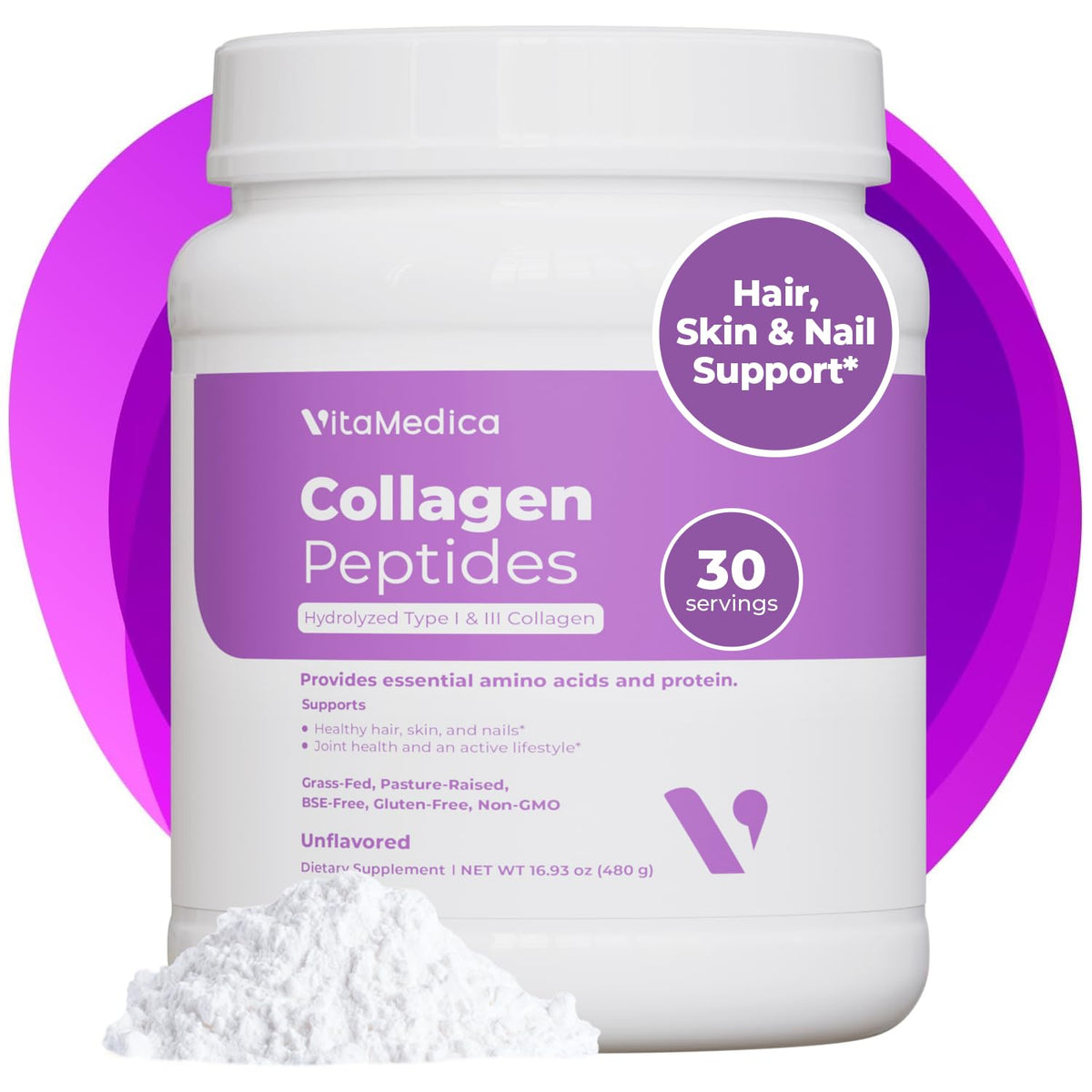 VitaMedica Collagen Peptides Powder for Women & Men - Healthy Hair, Skin, Nails, Bones and Joints - Hydrolyzed Types I & III, Grass-Fed, Pasture-Raised Protein, Zero Sugar - 30 Servings VitaMedicaBuy Supplements Australia
