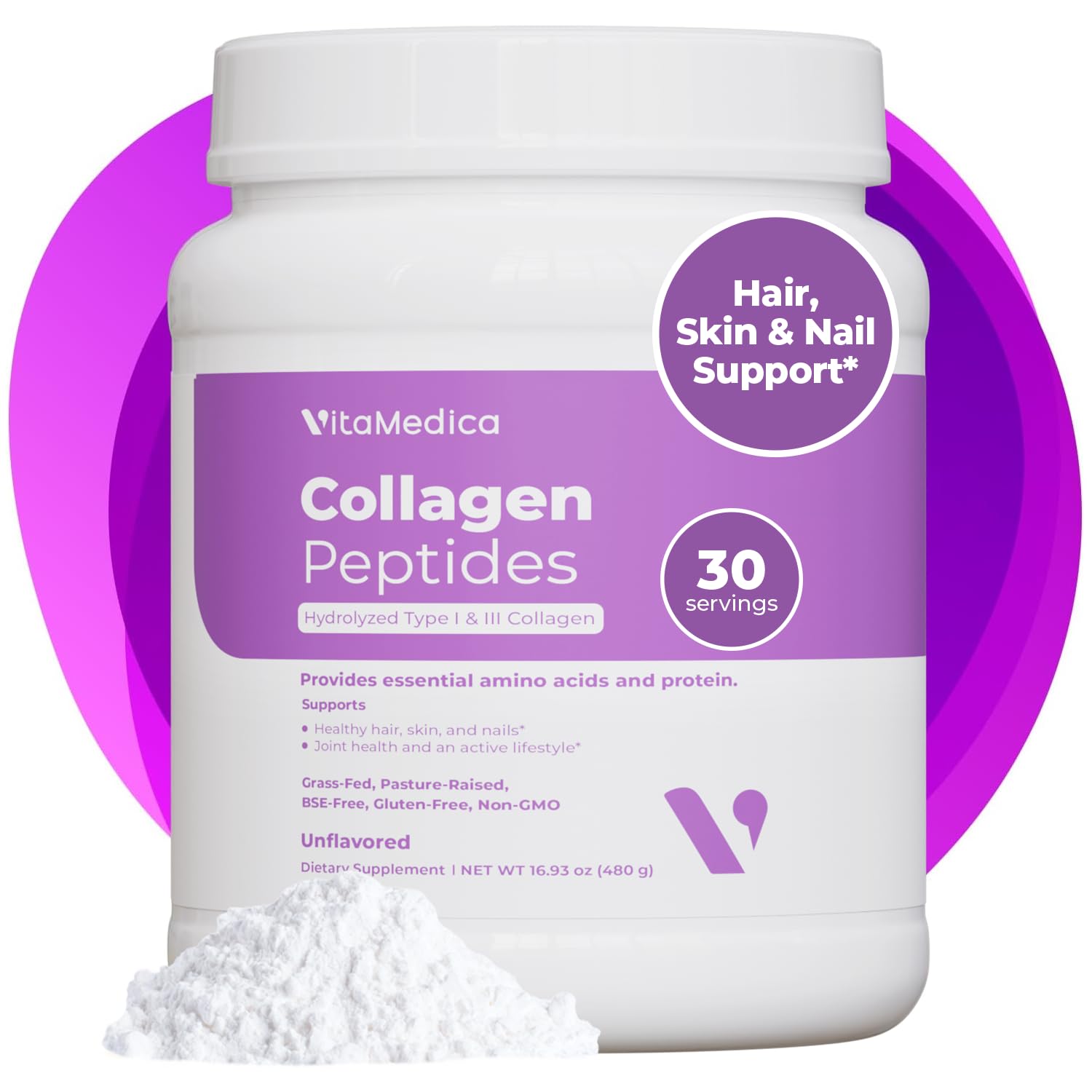 VitaMedica Collagen Peptides Powder for Women & Men - Healthy Hair, Skin, Nails, Bones and Joints - Hydrolyzed Types I & III, Grass-Fed, Pasture-Raised Protein, Zero Sugar - 30 Servings VitaMedicaBuy Supplements Australia
