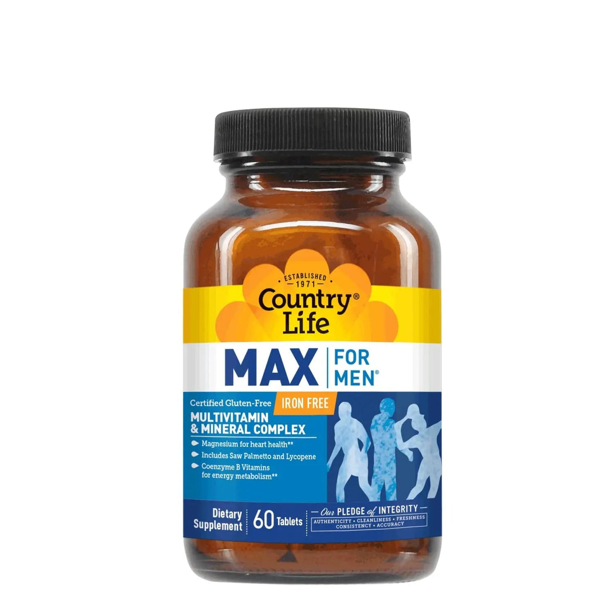 Country Life Max for Men, Multivitamin & Mineral complex, Iron-Free, Vegetarian Tablets, 60 Count, Certified Gluten Free, Certified Vegetarian Country Life