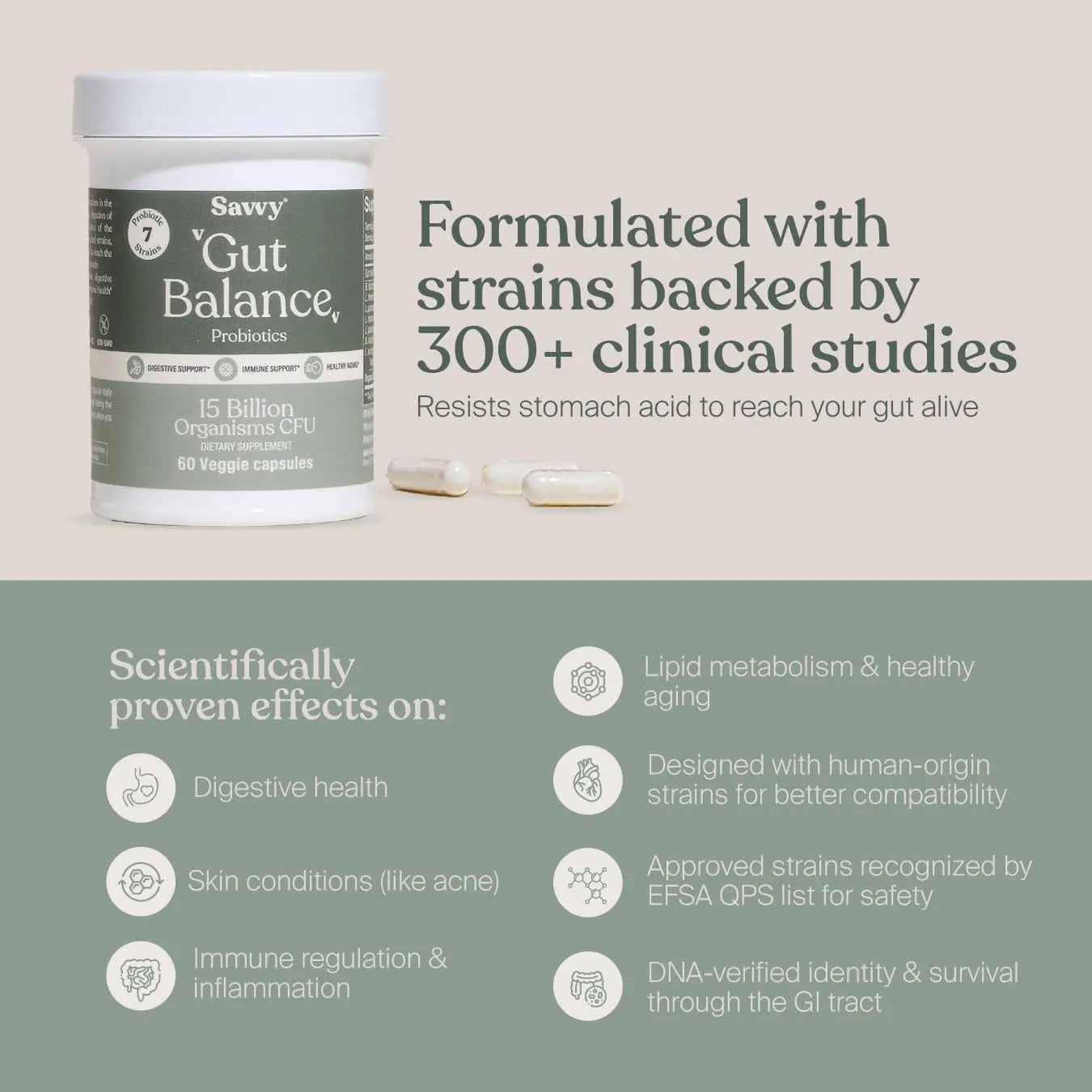 SAVVY Gut Balance Probiotics for Women & Men, 15 Billion CFU, 7 Clinically Studied Strains, Digestive Health, Immune Support, Bloating Relief, 60 Vegan Capsules, Non GMO, Sugar-Free SAVVY buy supplements Au