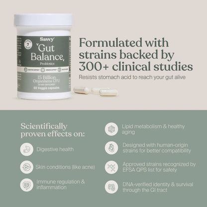 SAVVY Gut Balance Probiotics for Women & Men, 15 Billion CFU, 7 Clinically Studied Strains, Digestive Health, Immune Support, Bloating Relief, 60 Vegan Capsules, Non GMO, Sugar-Free SAVVY buy supplements Au