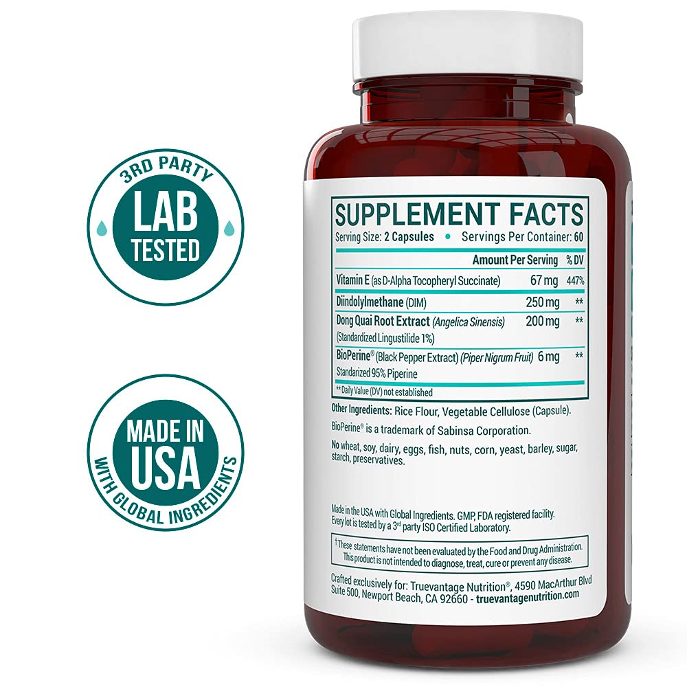 DIM Supplement 250mg (Diindolylmethane)-Plus Dong Quai, Natural Vitamin E & BioPerine - Supports Menopause Relief & Hormonal Acne -Hormone Balance Support for Women and Men-Veggie Caps Truevantage NutritionBuy Supplements Australia