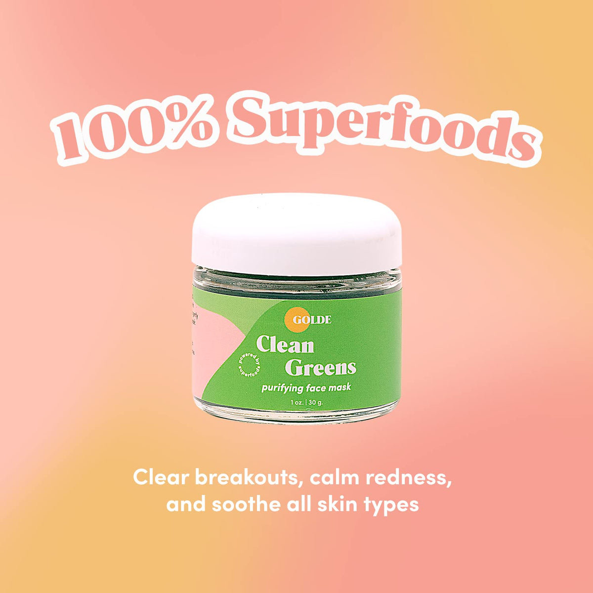 GOLDE - Clean Greens Superfood Face Mask - Made w/Chlorella & Spirulina - Great for Acne Prone, Oily & Dry Skin, Hydrating - Gentle Cleanser - Vegan - Aluminum-Free - 30g Jar GOLDEBuy Supplements Australia
