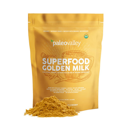 Paleovalley Organic Superfood Golden Milk - Immune, Focus, Cognitive, Longevity - Turmeric, MCT-Rich Coconut Milk, Functional Mushrooms, 30 Servings PaleovalleyBuy Supplements Australia