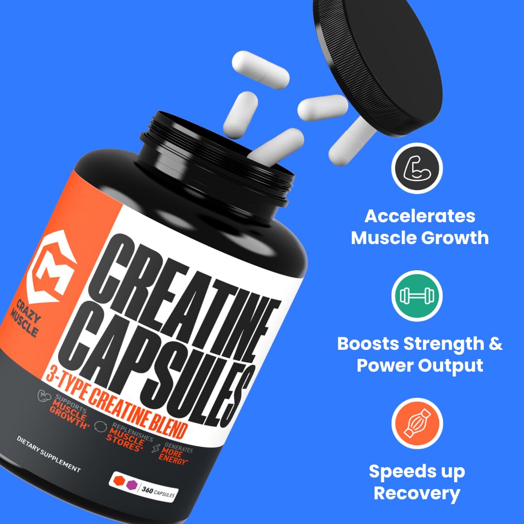 Creatine Capsules, 5g Premium 3X ThreeAtine Pre Workout Bulk Muscle Mass Gainer, High Absorption Easy to Take Creatine Monohydrate Pills Alternative Optimum Performance for Men Women, 180 Capsules Crazy MuscleBuy Supplements Australia