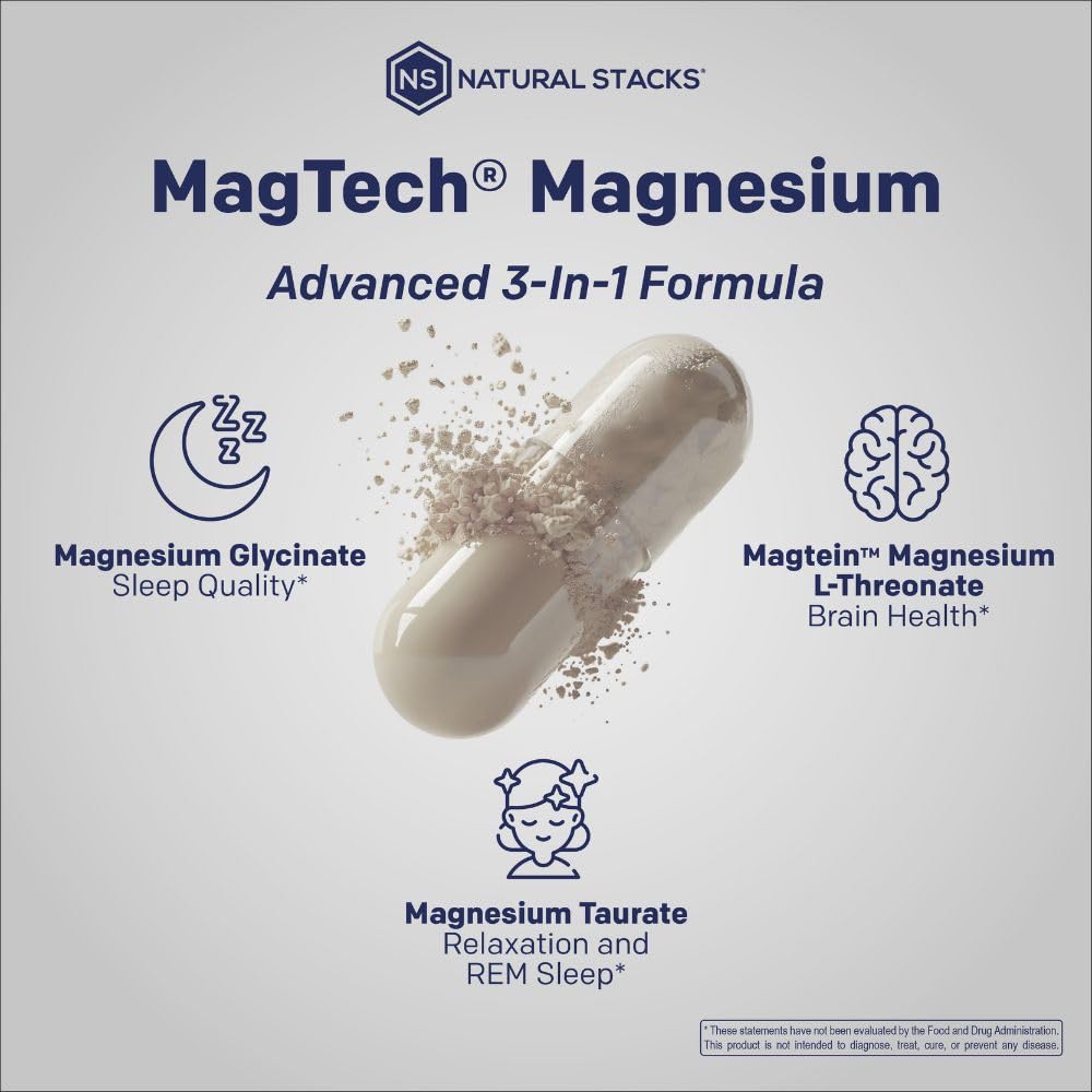 MagTech Magnesium Complex for Women & Men - 3 Forms of Magnesium: Glycinate, Magtein L-Threonate & Taurate - 200mg Chelated Complex