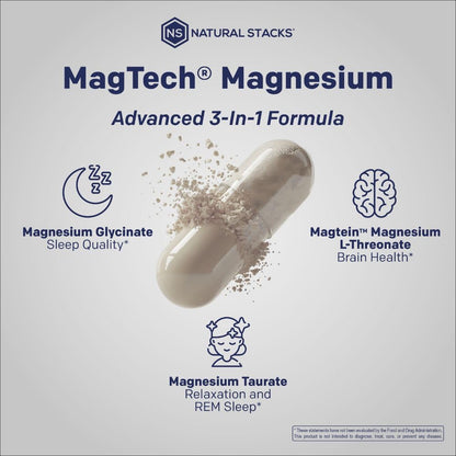 MagTech Magnesium Complex for Women & Men - 3 Forms of Magnesium: Glycinate, Magtein L-Threonate & Taurate - 200mg Chelated Complex