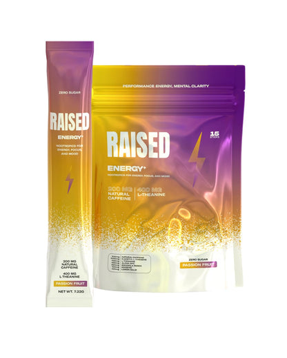 Raised Energy+ Nootropic Drink Mix | 200mg Natural Caffeine + L-Theanine | Zero Sugar | Clean Energy Powder for Focus, Mood & Motivation | 15 Stick Packs | Passion Fruit Flavor RaisedBuy Supplements Australia