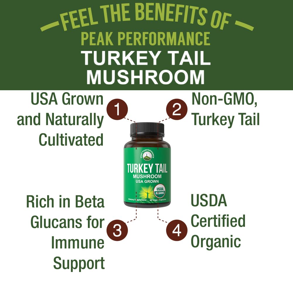 Peak Performance Organic Turkey Tail Capsules - USA Grown Made with Real Turkey Tail Mushroom. Immune System Support Naturally Harvested Mushroom Supplements for Immunity. Vegan Supplement Extract Peak PerformanceBuy Supplements Australia