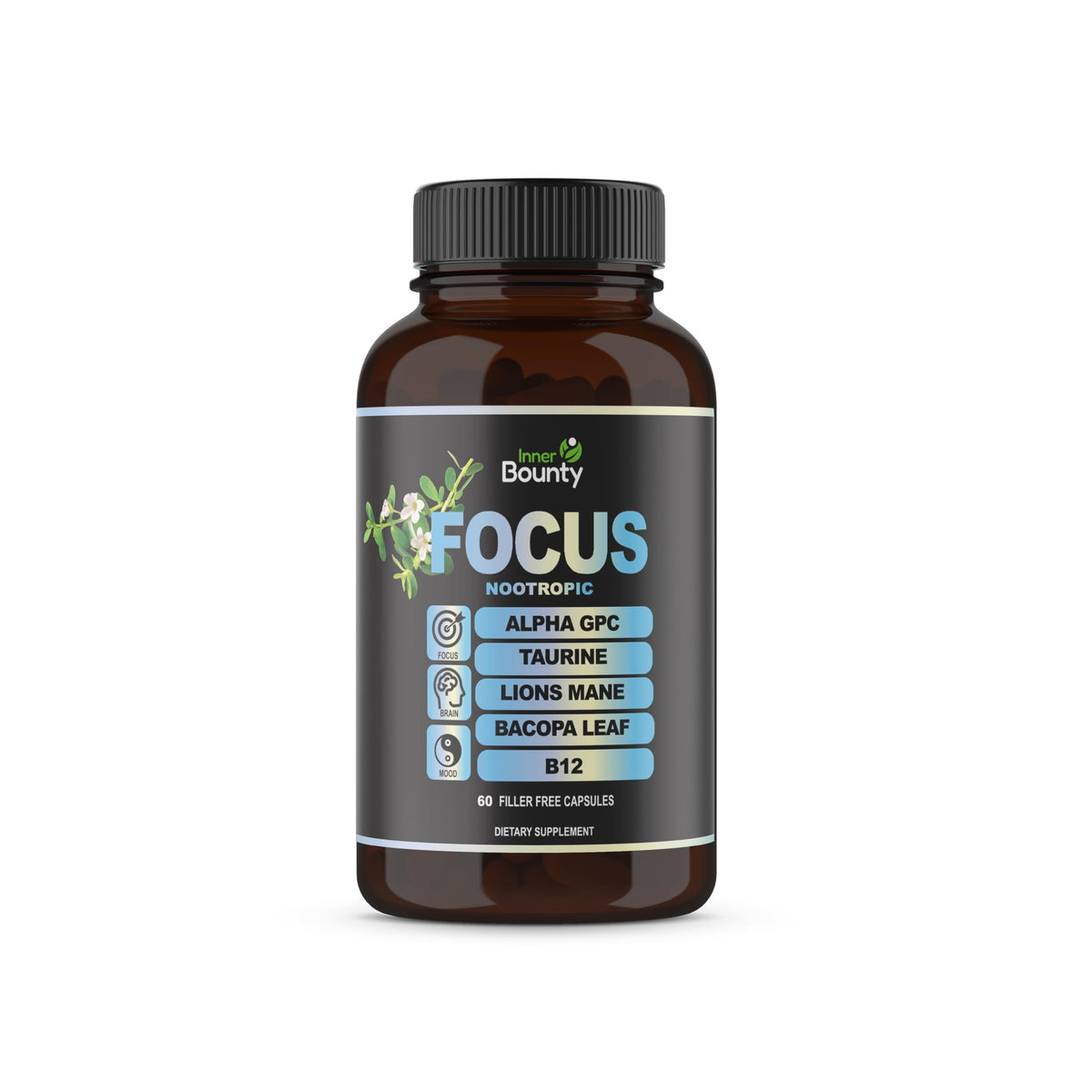 Inner Bounty Focus 14-in-1 Nootropic Brain Supplement with Lions Mane, Alpha GPC Choline, Vitamin C & B12, Taurine, Bacopa - Energy, Cognitive, Memory Support, 60 Filler Free Capsules Inner BountyBuy Supplements Australia