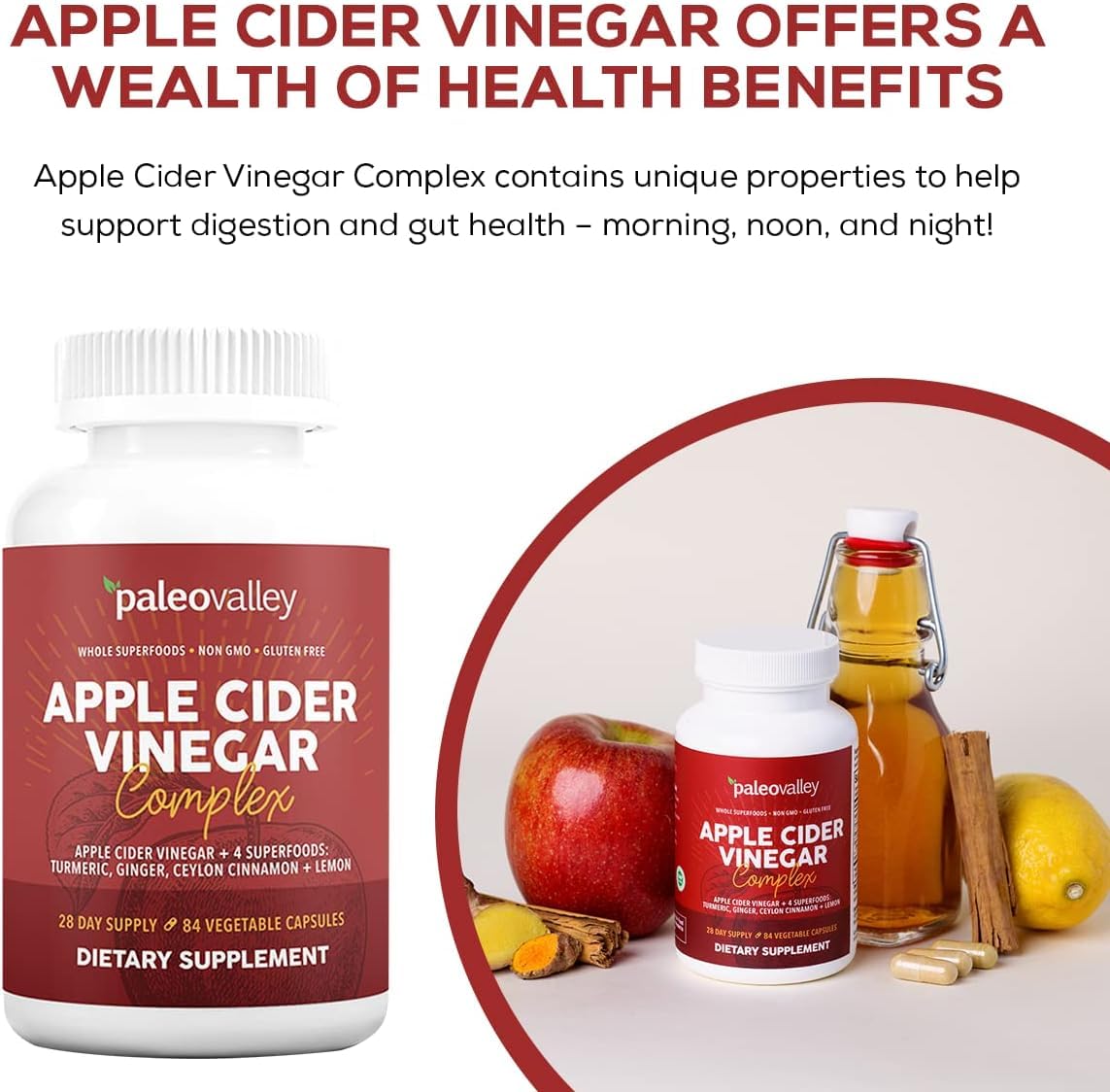 Paleovalley Apple Cider Vinegar Complex with Superfoods - Turmeric, Ginger, Ceylon Cinnamon and Lemon - 84 Vegetable Capsules PaleovalleyBuy Supplements Australia