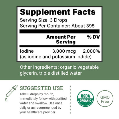 Organic Lugol's Iodine, Iodine and Potassium Iodide 2% Solution 3000 mcg - Liquid Supplement Drops for Thyroid Support for Women & Men, Metabolism Health
