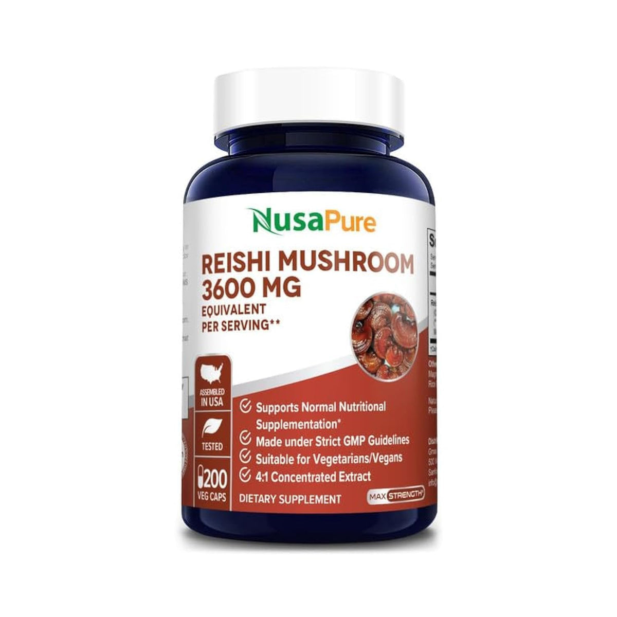 NusaPure Reishi Mushroom 4:1 Extract, 900 mg Equivalent to 3,600mg per Capsule 200 Veggie Caps Vegan, Non-GMO, Gluten-Free NusaPureBuy Supplements Australia