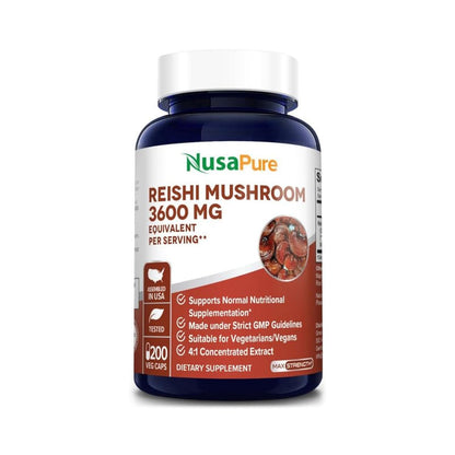 NusaPure Reishi Mushroom 4:1 Extract, 900 mg Equivalent to 3,600mg per Capsule 200 Veggie Caps Vegan, Non-GMO, Gluten-Free NusaPureBuy Supplements Australia