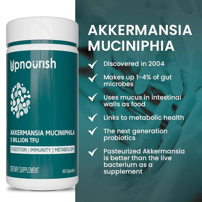 UpNourish Probiotics for GLP-1 Support, 5 Billion TFU Akkermansia Muciniphila for Digestive Health, Leaky Gut, Immunity and Metabolic Health, Prebiotics and Probiotics for Women and Men, 60 Capsules UpNourishBuy Supplements Australia