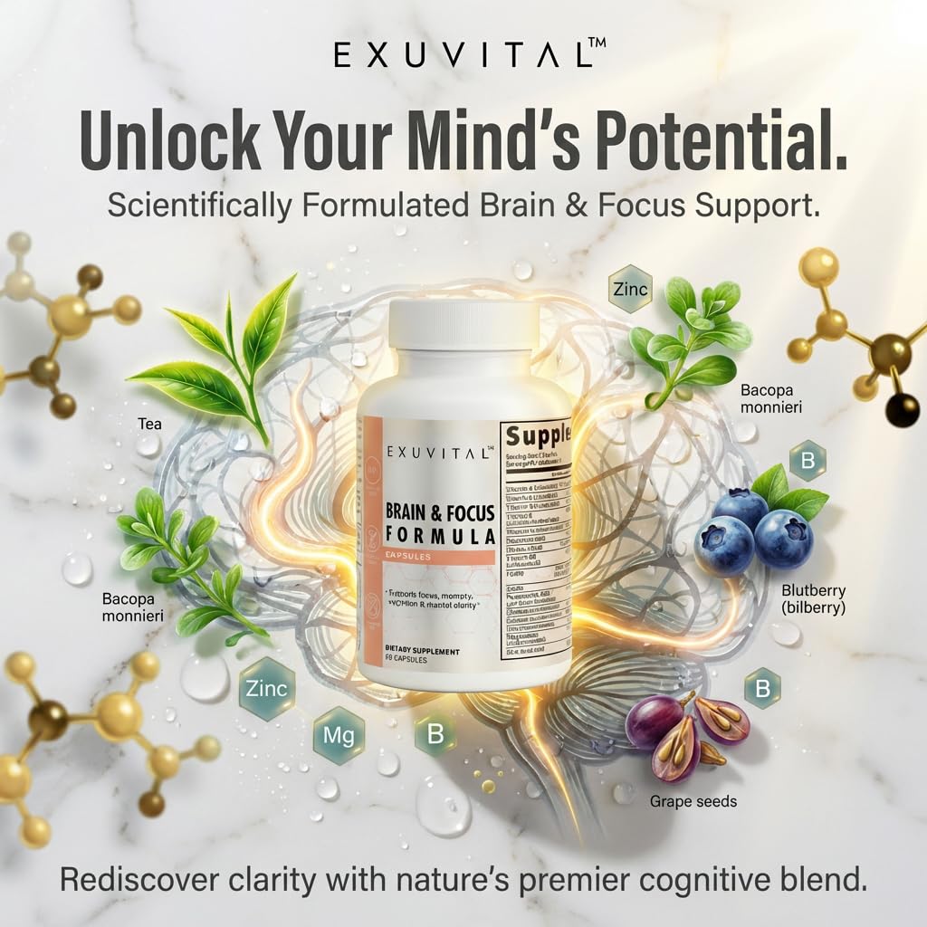 EXUVITAL Brain & Focus Formula, Veggie Capsules, 60 Count, Nootropic Supplement with Vitamins, Minerals and Proprietary Blend for Clarity, Memory, Cognition and Mental Focus EXUVITALBuy Supplements Australia