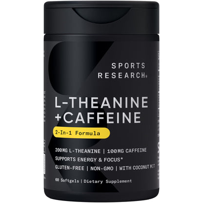 Sports Research L-Theanine Supplement with Caffeine & Coconut MCT Oil - Focused Energy, Alertness & Relaxation Without Drowsiness - 200mg L Theanine, 100mg Organic Caffeine - 60 Liquid Softgels Sports ResearchBuy Supplements Australia