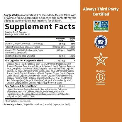 Garden of Life Vitamin Code Raw Iron Supplement - 30 Vegan Capsules, 22mg Once Daily Iron, Vitamins C, B12, Folate, Fruit, Veggies & Probiotics, Iron Supplements for Women