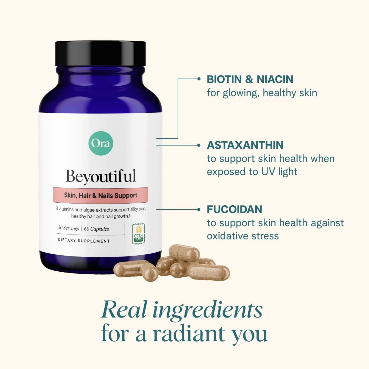 Ora Organic Hair, Skin, and Nails Support- BeYouTiful - Beauty Supplement with B Vitamins and Algae Extracts for Healthy Hair and Skin - 60 Vegan Capsules Ora OrganicBuy Supplements Australia