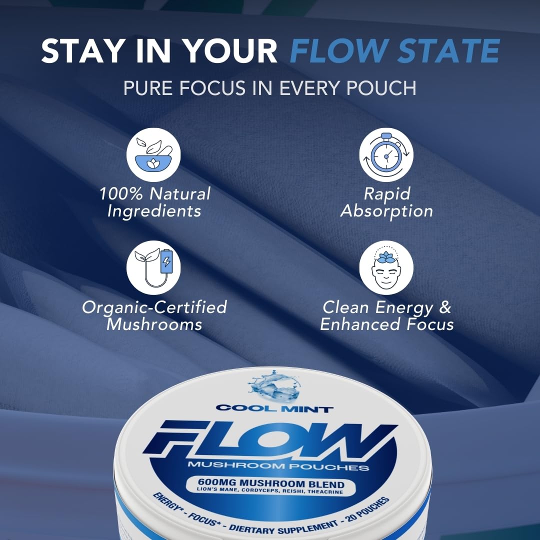 Flow Pouches Mushroom Nootropic Pouches - 600mg Organic Mushroom Energy Ultra Pouches with Lion's Mane, Reishi, Cordyceps for Focus & Clean Energy - Zero Caffeine or Sugar (5 Can Pack, Cool Mint) Flow PouchesBuy Supplements Australia