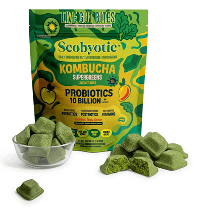 Scobyotic® Kombucha Supergreens Live Gut Bites – 10 Billion CFU Probiotics + Prebiotics & Postbiotics – Kombucha & Supergreens – Freeze-Dried Probiotic Supplement ScobyoticBuy Supplements Australia