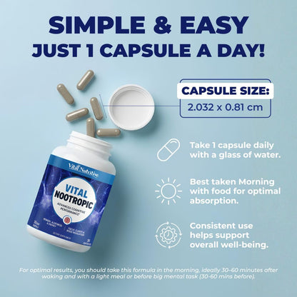 Vital Nootropic 12-in-1 Brain Supplement for Memory, Focus & Energy Support – L-Tyrosine, Bacopa, Rhodiola, Caffeine, B Vitamins – Cognitive Balance Capsules for Men & Women-30 Days Supply VITAL NUTRITIVEBuy Supplements Australia