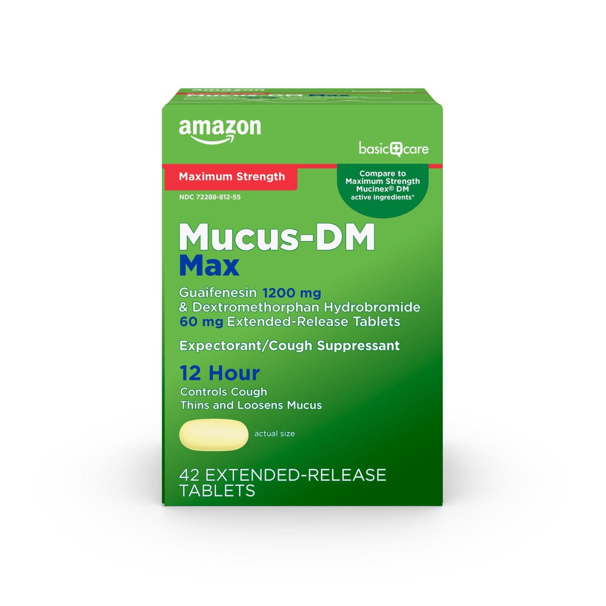 Green box of Mucus-DM Max tablets with Amazon branding on a white background
