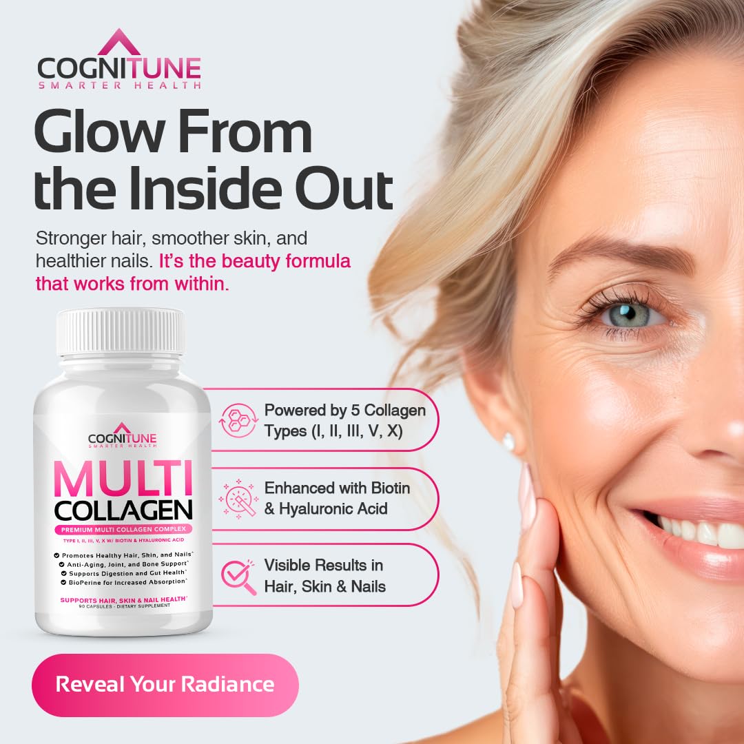 CogniTune Multi Collagen Peptides for Women with Biotin, Hyaluronic Acid, Vitamin C - 5 Types I II III V X Colageno Hidrolizado - 2000mg Hair Skin Nails Joints Support - 120 Capsules CogniTuneBuy Supplements Australia