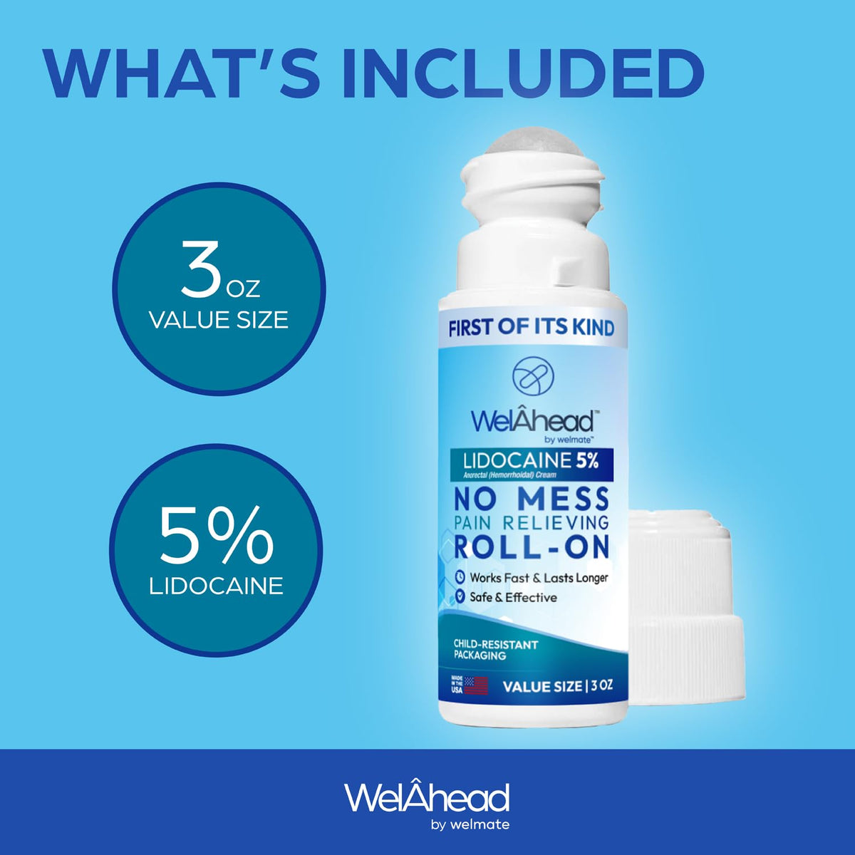 WELMATE - 5% Lidocaine Roll-On (3 oz Value Size) - No Mess Targeted Relief - Topical Anesthetic - Hemorrhoid Relief - Aloe Vera - Fast Acting & Long Lasting - Over-The-Counter Medication - First Aid WELMATEBuy Supplements Australia