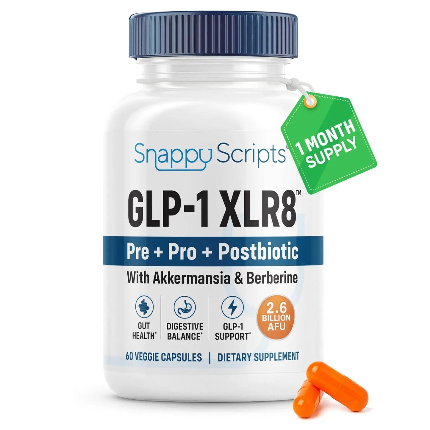 GLP-1 XLR8 Supplement for Weight Loss, Digestion, Constipation, Bloating Relief with Akkermansia 2.6 Billion AFU Live Prebiotic Probiotic Postbiotic Gut Health + Berberine for Women Men 60 Capsules Snappy ScriptsBuy Supplements Australia