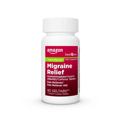 Amazon Basic Care Migraine Relief Geltabs, Pain Reliever, Acetaminophen 250 mg, Aspirin 250 mg (NSAID) and Caffeine 65 mg, Headache Relief, 80 Count Amazon Basic CareBuy Supplements Australia