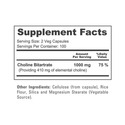 NusaPure Choline Bitartrate - Suitable for Vegetarian/Vegan, Non - GMO - 1000 mg 200 Capsules NusaPureBuy Supplements Australia